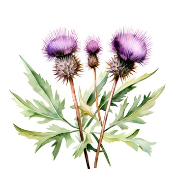watercolor purple thistle flowers and green leaves clip art preview