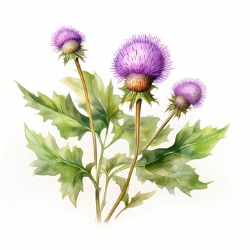 recommend clip art: Burdock flowers. Burdock plant clipart. Watercolor illustration. Generative AI. Detailed illustration.