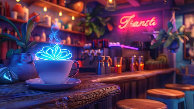A calming spa environment where latte art is served under soft, therapeutic neon lighting