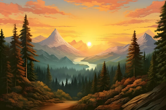 pine grove sunrise panorama, cascading light over alpine peaks