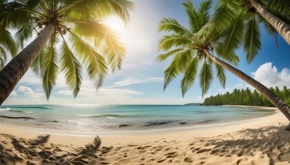Fototapeta premium Wide-angle view of a serene tropical beach with palm trees and clear blue sky