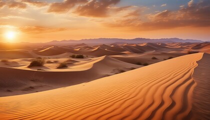 Stunning view of the sun setting over the golden sand dunes of a serene desert
