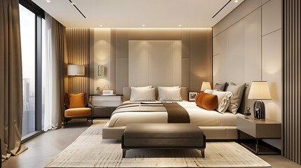 Modern bedroom interior Large bed with beige and brown headboard, side table, bench at foot. Warm lighting, light gray wall panels, accent orange furniture. Minimalist style, wide windows  - Powered by Adobe