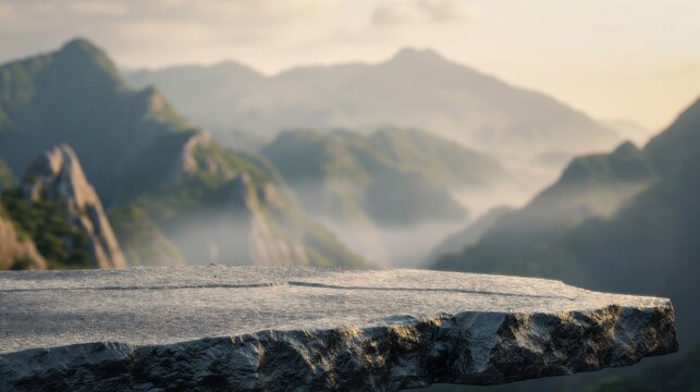 Stone Platform Overlooking Mountain View. Ideal for travel blogs, nature photography, adventure promotions. Suitable for banners with copy space, flat lay backgrounds.