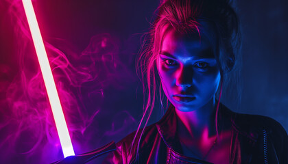 Female carry neon full sword in dark night, neon light effect her face