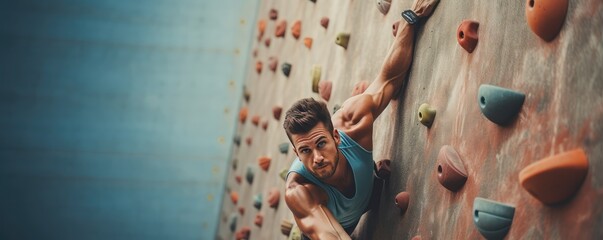 Climbing concept. Colored Bouldering wall at a rock climbing training hall