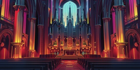Obraz premium A grandiose Gothic cathedral hosting a Juneteenth concert, organ pipes adorned in celebration colors.