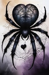 large black spider with heart-shaped body and lace-like pattern on spider web, little black heart below spider, beige, purple and black colors. concepts: Halloween, gothic genres, album book cover