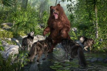 森で大きなクマを取り囲むオオカミのグループ