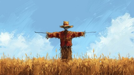 A lone scarecrow dressed for a Midsummer party, standing sentinel over a quiet field.