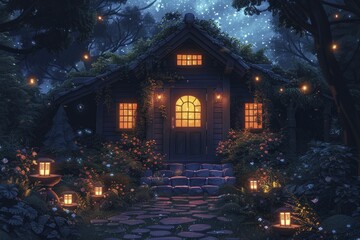 Fototapeta premium Nestled in the heart of a magical forest, a charming wooden cottage glows with the warm light of Midsummer lanterns.