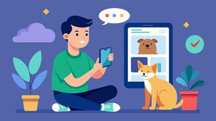 An owner watching a video of their pets behavior from the apps camera feature.. Vector illustration