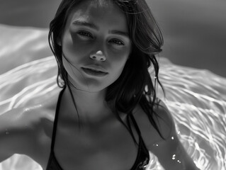 Model women in swimming pool and pose for photography