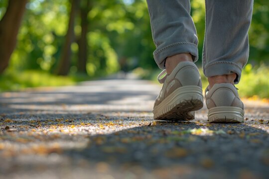 Close-Up of Walking Shoes on Tree-Lined Path