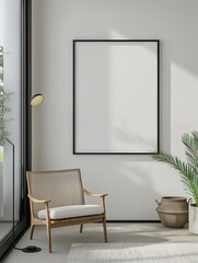 Frame mockup, comfortable chair and modern white wall room interior, 3d render