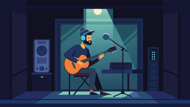 Inside a dimly lit sound booth a musician strums a guitar while recording the perfect riff for their upcoming vinyl album. Vector illustration