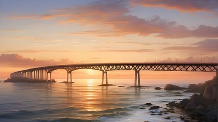 At sunset, a bridge spans the ocean.