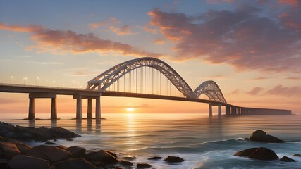 At sunset, a bridge spans the ocean.