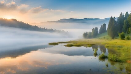 Fototapeta premium The misty Lacu Rosu Lake picture in the morning. A misty summer sunrise in Romania's Harghita County, Europe. Background of the idea of the beauty of nature.