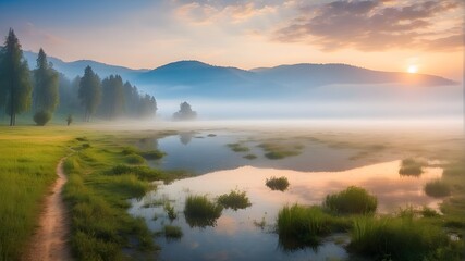 The misty Lacu Rosu Lake picture in the morning. A misty summer sunrise in Romania's Harghita County, Europe. Background of the idea of the beauty of nature.