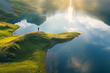 A serene scene with a person on a green peninsula surrounded by a calm mountain lake reflecting the sunset