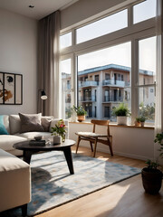 Contemporary Comfort, Illustration Showcasing a Light-Filled Apartment with Generous Windows.