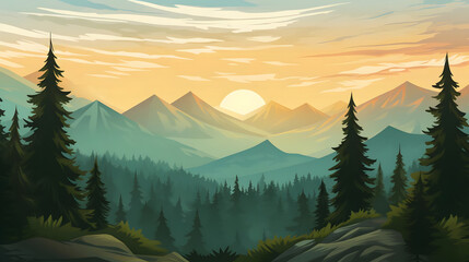 sunrise over alpine pines, evergreen canopy with rocky mountain backdrop