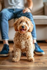 Cute Labradoodle Puppy Sitting on Floor