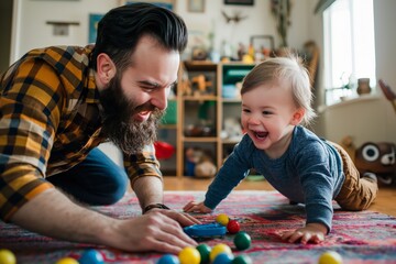 Joyful Father and Baby Playing with Toys on Floor