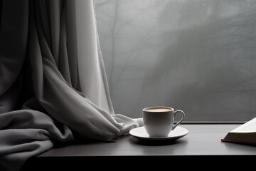A white cup of coffee sits on a saucer on a table next to a book. The scene is cozy and inviting, with the window providing a view of the outside world - Powered by Adobe