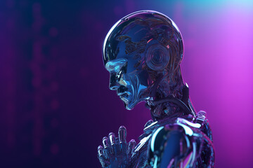 Photo of an AI robot appearing in thought, holding its chin with one hand on a purple and blue gradient background