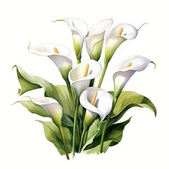 Obraz premium White calla lilies. Calla lily flowers clipart. Watercolor illustration. Generative AI. Detailed illustration.