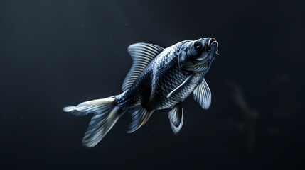 Hyperrealistic 3D fish suspended in a dark void, with subtle lighting highlighting its sleek form and dynamic motion