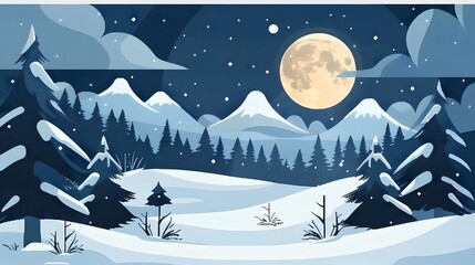 A serene winter night with a full moon over snow capped mountains