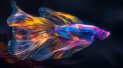 A 3D render of a luminescent fish, its colors vividly contrasting against a pitchblack backdrop, creating a striking visual impact