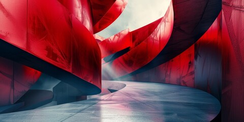 A red and blue tunnel with a light shining through it