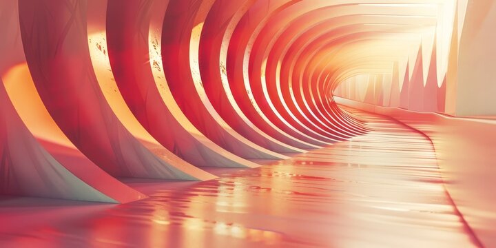 A long, curved tunnel with a red and white color scheme