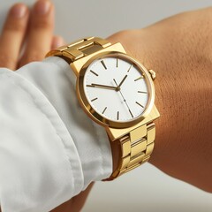 Contemporary gold watch clasped snugly on a wrist, featured against a stark white background to draw attention to its stylish and refined look