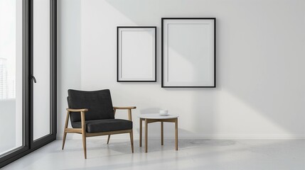 Frame mockup, comfortable chair and modern white wall room interior, 3d render
