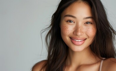 Portrait of Young Asian Woman with Natural Beauty and Freckles