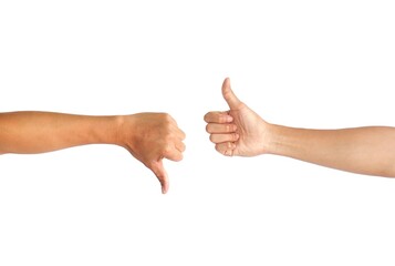 Two male hands giving thumbs up and down on white background, business concept.	