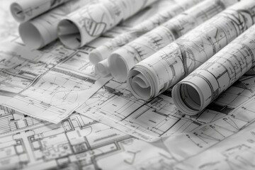 Architectural plan and technical project drawing for sale, architect rolls and design blueprint