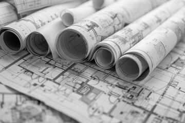 Architectural plan and technical project drawing on rolls for construction and engineering design