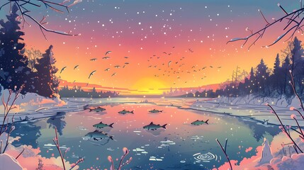 A serene winter sunset over a forest lake with birds in flight and fish surfacing