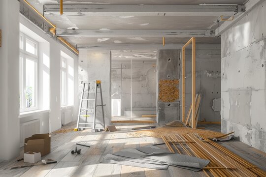 Interior renovation project. 3d rendering of modern design for home improvement and remodeling