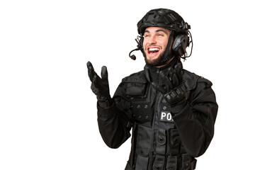 SWAT over isolated chroma key background with surprise facial expression