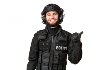 SWAT over isolated chroma key background pointing to the side to present a product