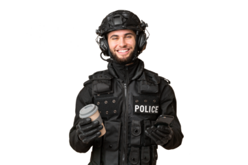 SWAT over isolated chroma key background holding coffee to take away and a mobile