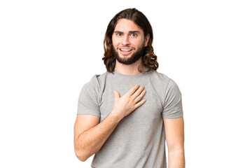 Young handsome man over isolated chroma key background pointing to oneself