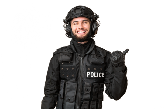 SWAT over isolated chroma key background pointing to the side to present a product